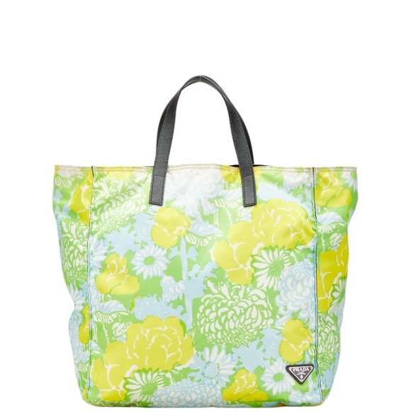 Prada Triangle Logo Plate Flower Tote Bag Handbag VA0905 Green Yellow Blue Ny... - Picture 1 of 15